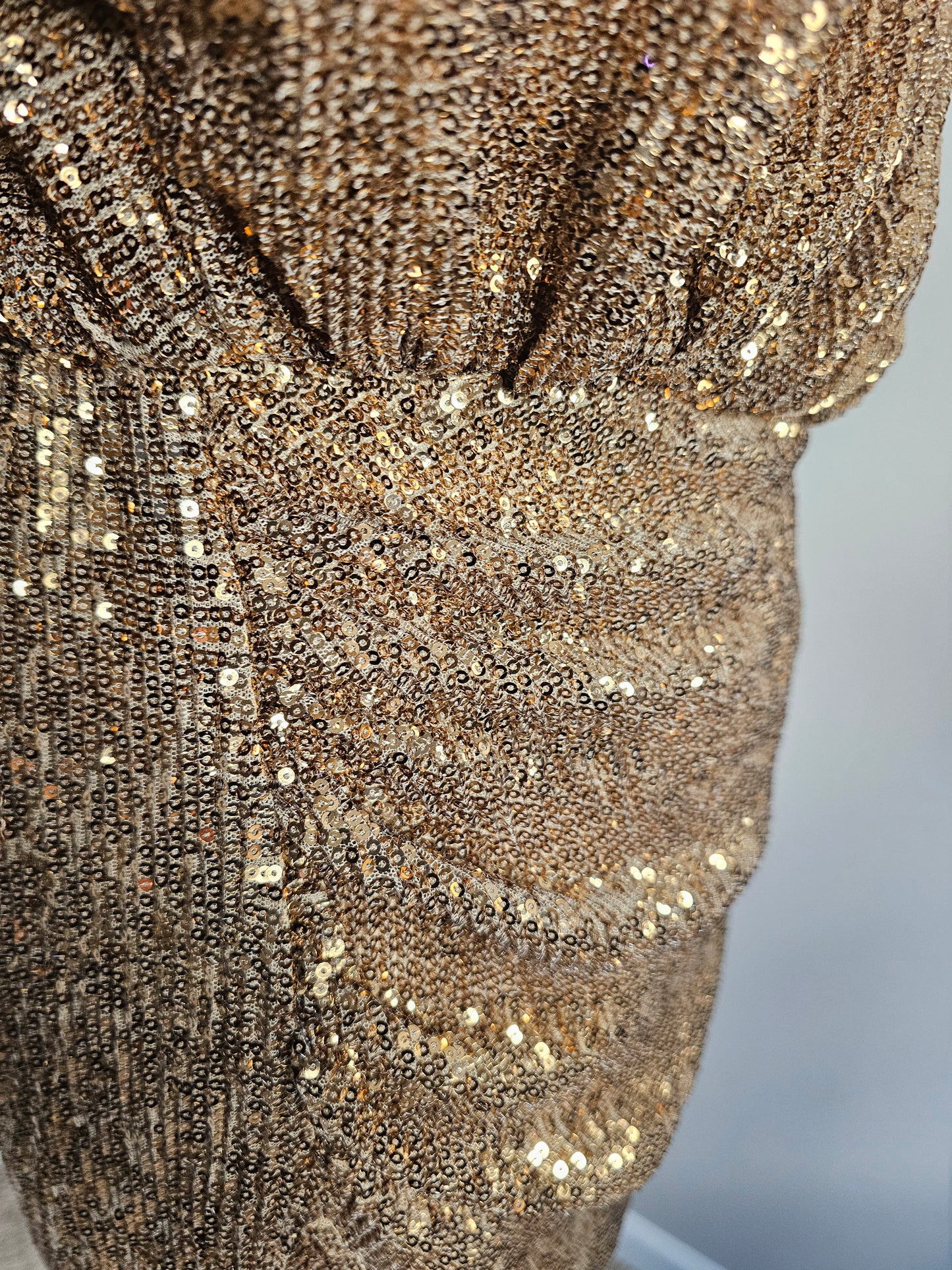 PrettyLittleThing Gold Sequin Midi Dress  Asymmetrical Hem Draped Evening NWT| Size 6 Small