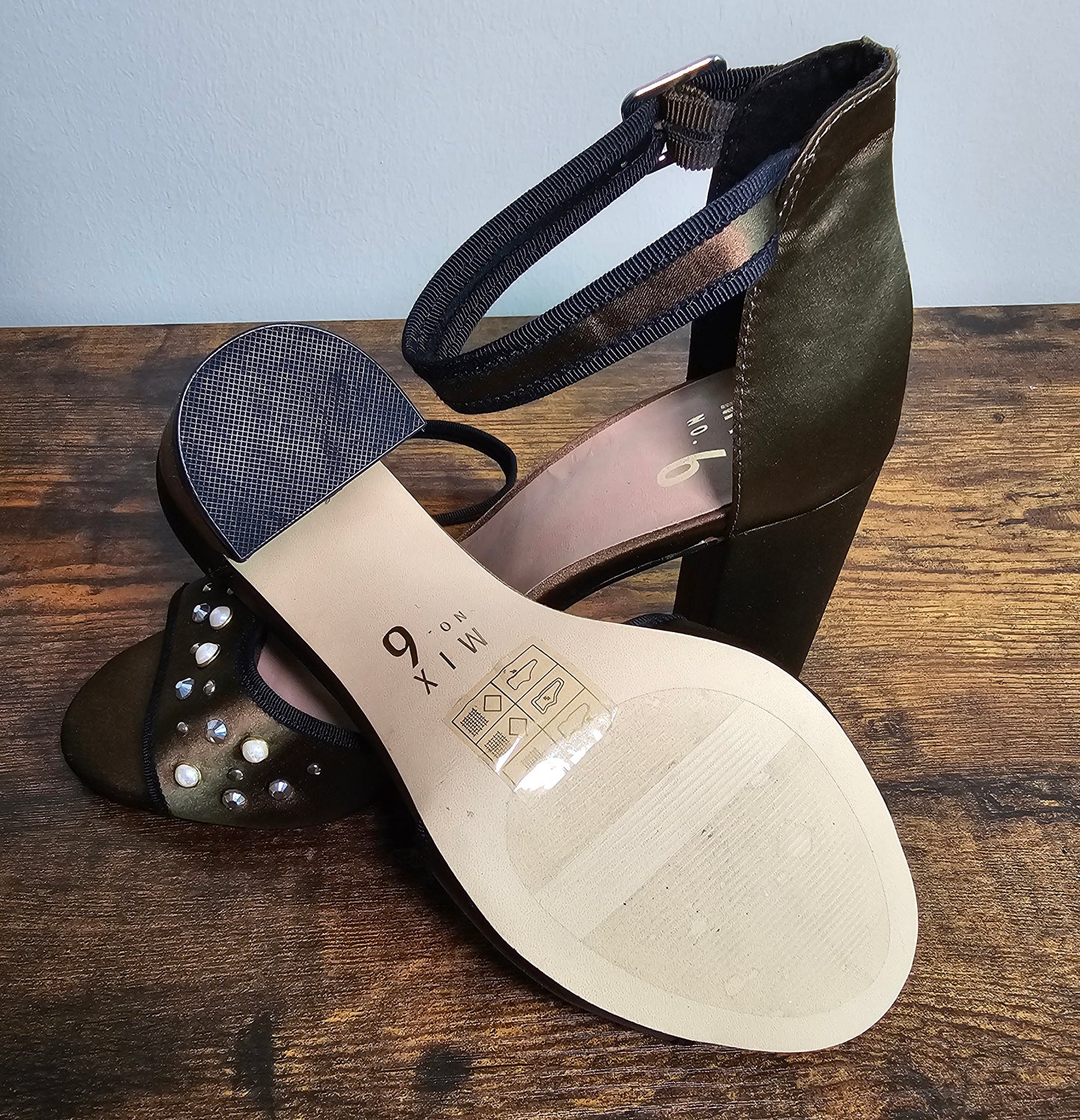 Mix No. 6 Olive Green Embellished Ankle Strap Block Heels | Size 10