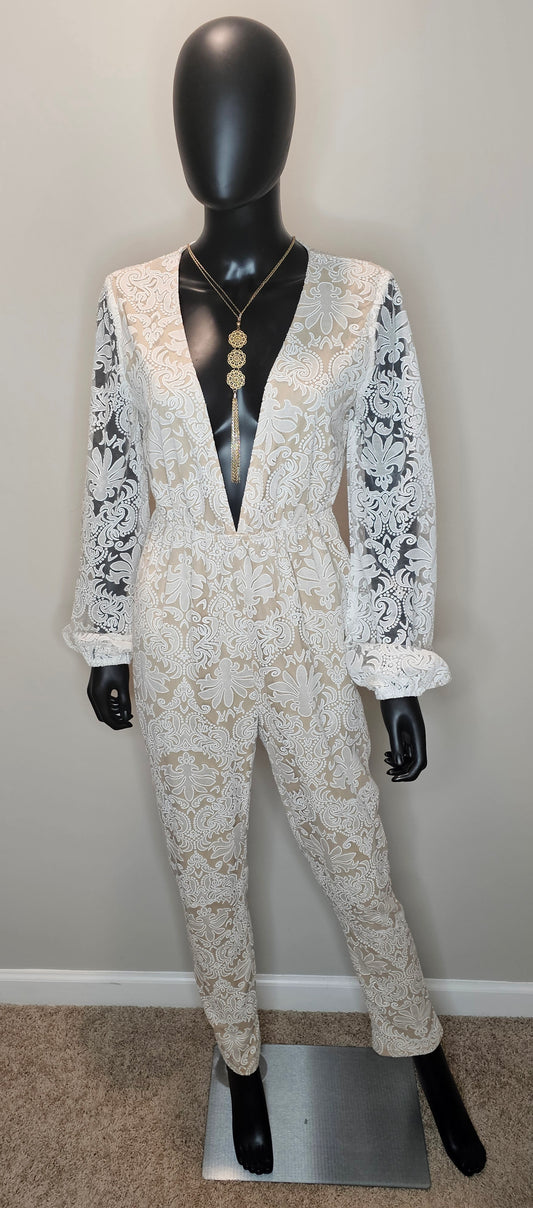 PrettyLittleThing White Lace Plunge Neck Long Sleeve Jumpsuit | Size Small