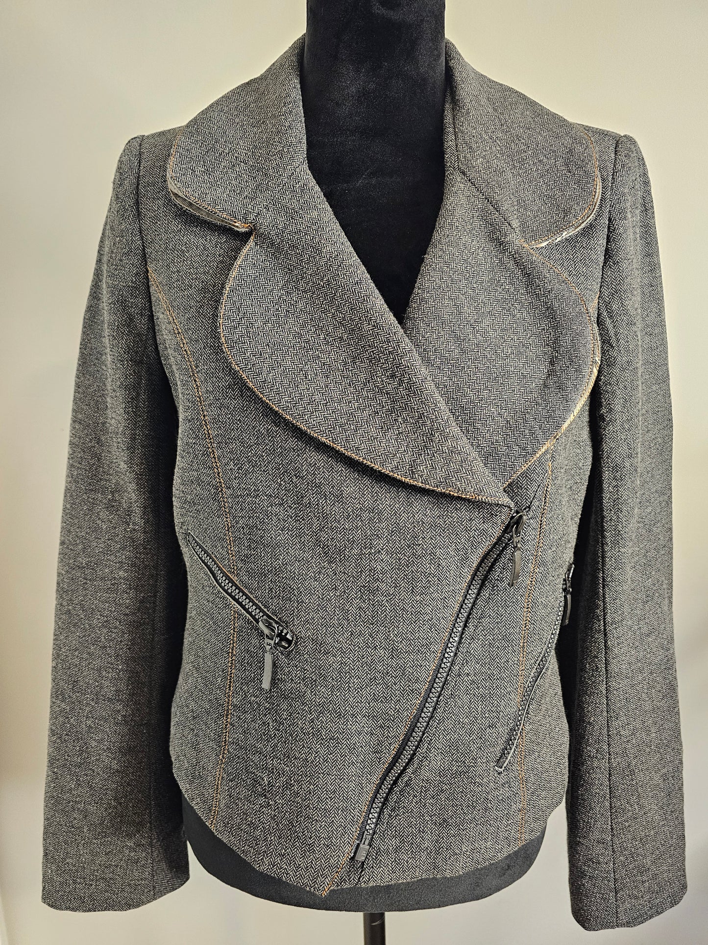 Femme Je Vous Aime Moto Jacket Gray Herringbone Zip Front|Size Medium