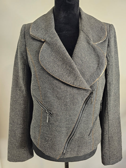 Femme Je Vous Aime Moto Jacket Gray Herringbone Zip Front|Size Medium