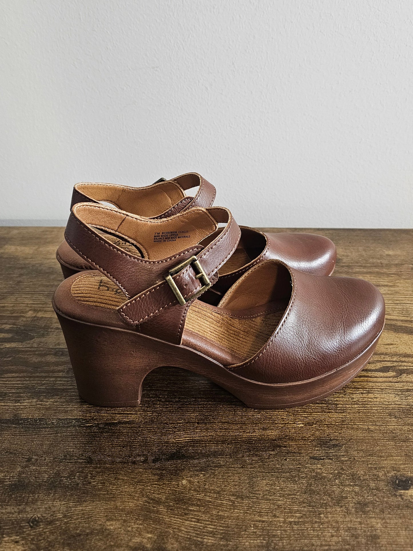 BOC Natasha Brown Leather Ankle-Strap Clog Heels | Size 7