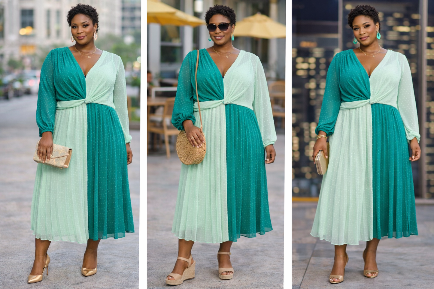 ASOS Design Two-Tone Pleated Midi Dress | Green Colorblock | Size 16 XLarge