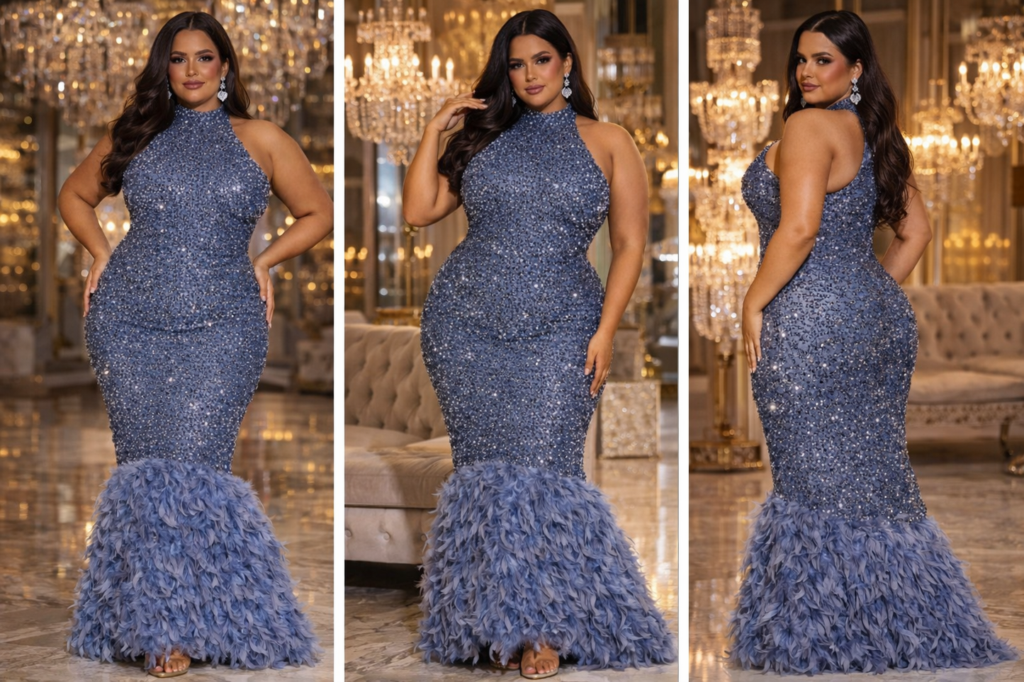 Fashion Nova Zoey Feathered Sequin Gown Grey Size 2X