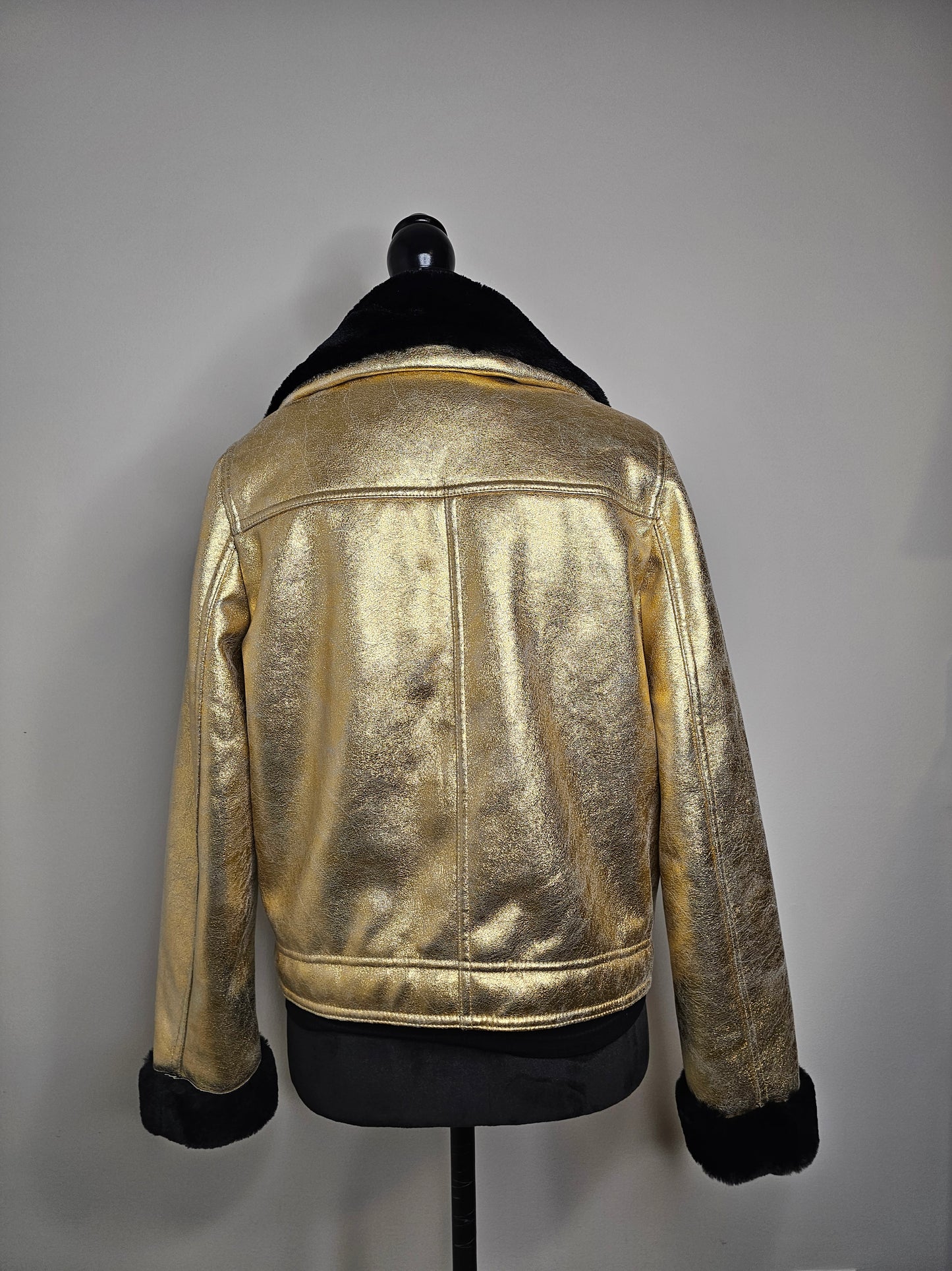 DIVIDED H&M Gold Faux Leather Moto Jacket Black Faux Fur Collar |Size 8 Medium