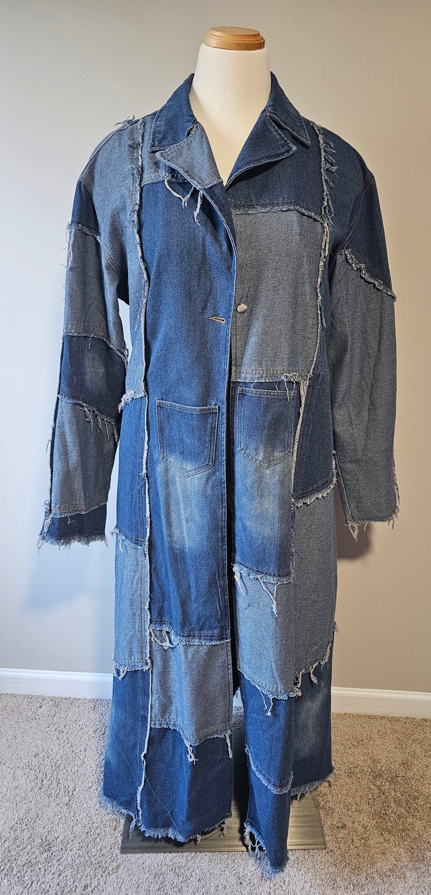 Fashion Nova Don’t Talk Loud Patchwork Denim Trench Coat | Vintage Wash Size L Fits up to 2X