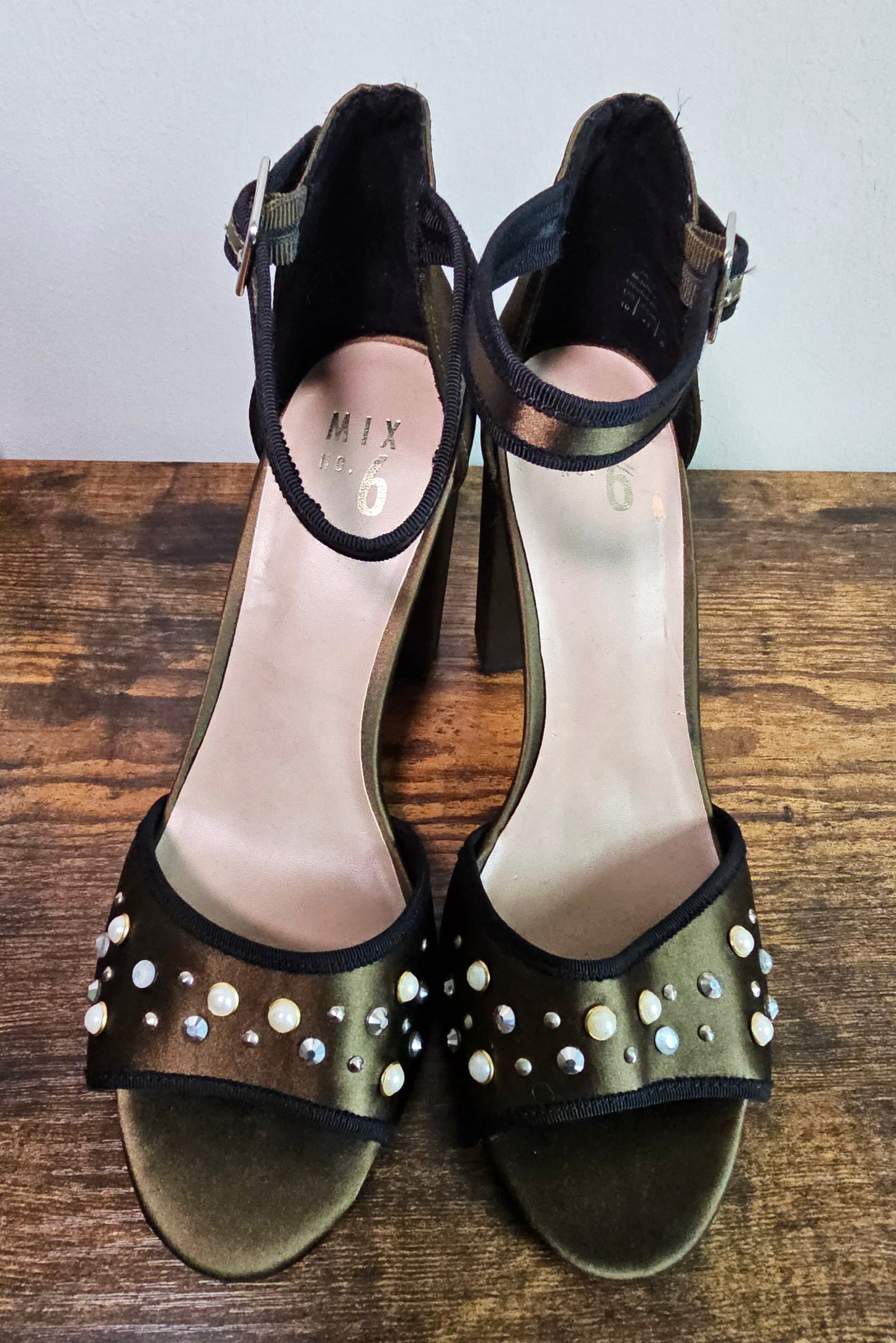 Mix No. 6 Olive Green Embellished Ankle Strap Block Heels | Size 10