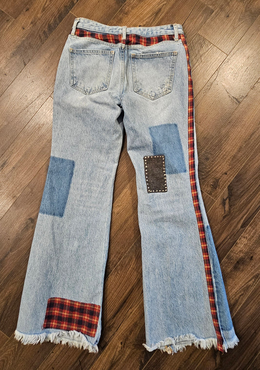 Free People Patchwork Distressed Wide Leg Jeans 28 Waist Studded Plaid Trim Raw Hem Size Small