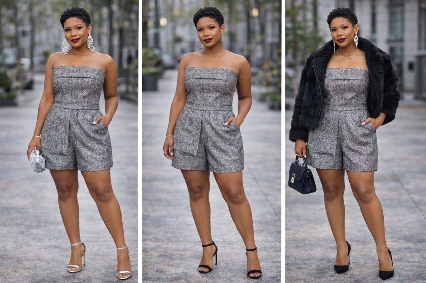 Fashion Nova Silver Shimmer Strapless Romper | Size XLarge