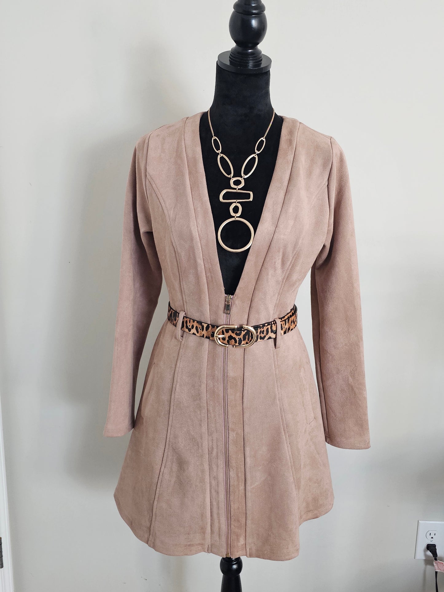 AKIRA Taupe Faux Suede Zip-Front Fit & Flare Jacket Dress | Size Medium