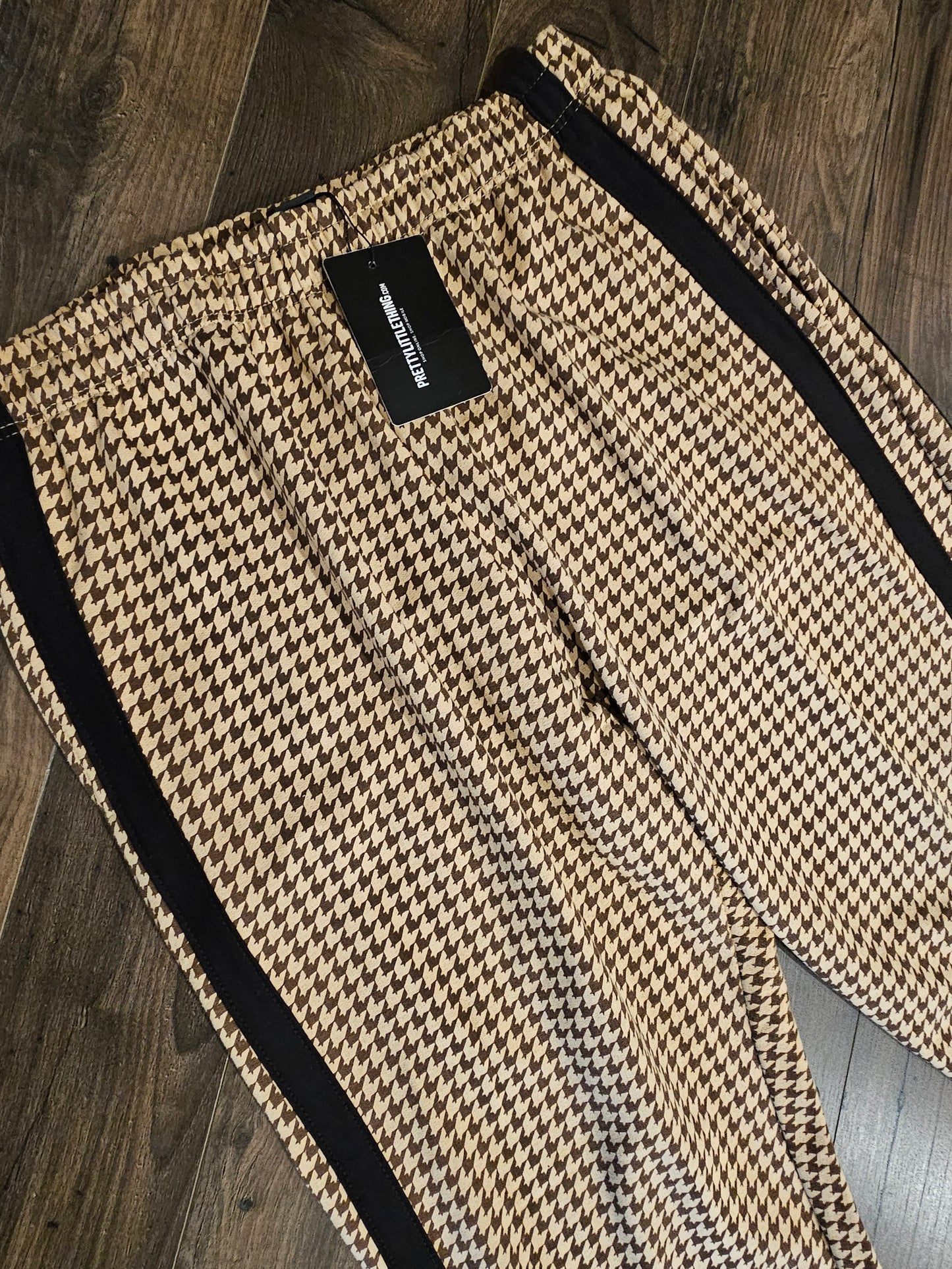 PrettyLittleThing Houndstooth Wide Leg Pants Brown & Cream Stripe High Waist NWT Size 16 XLarge