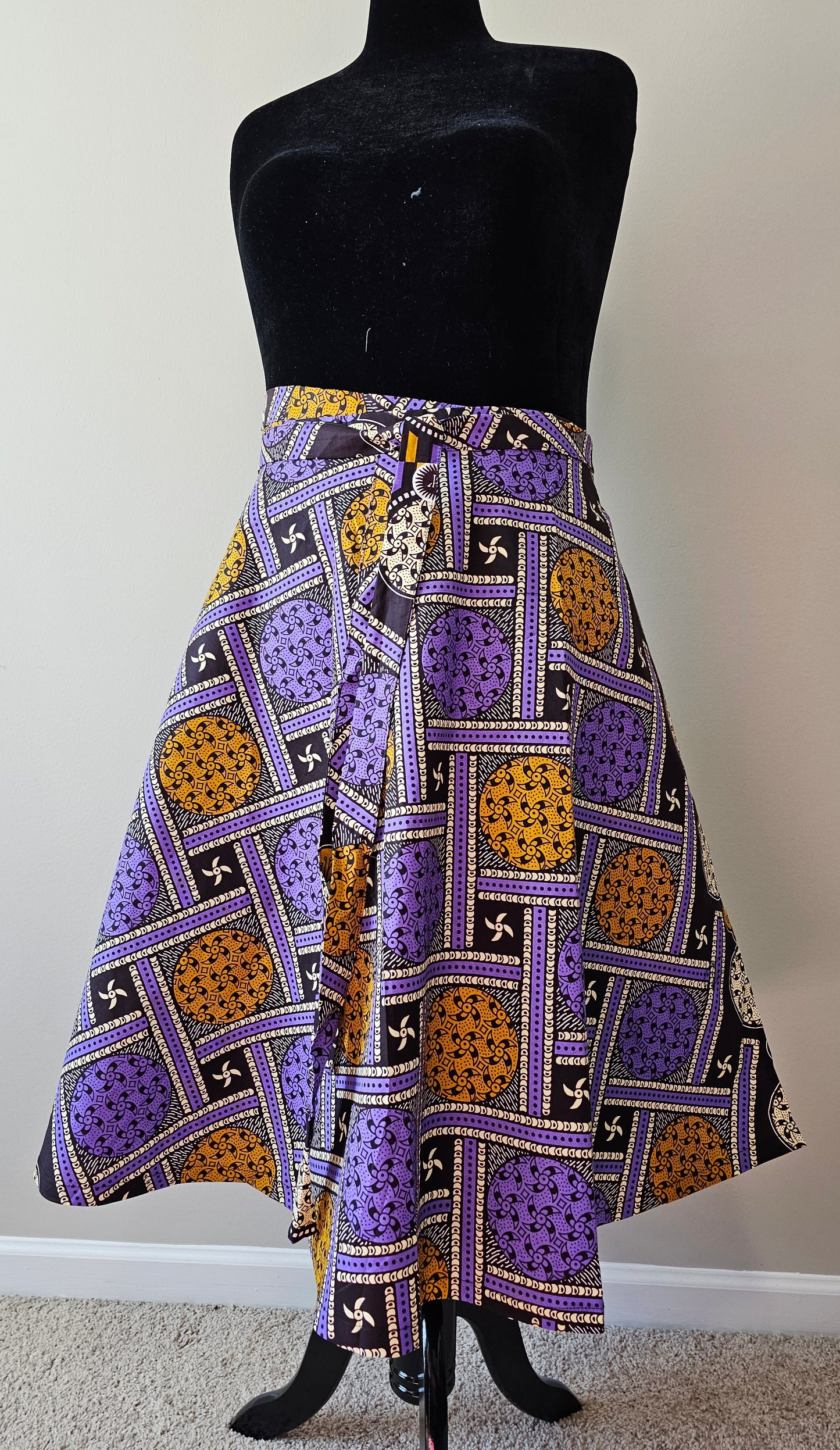 Authentic Ankara Wrap Skirt Purple & Gold African Wax Cotton | Fits Size Small to XXLarge
