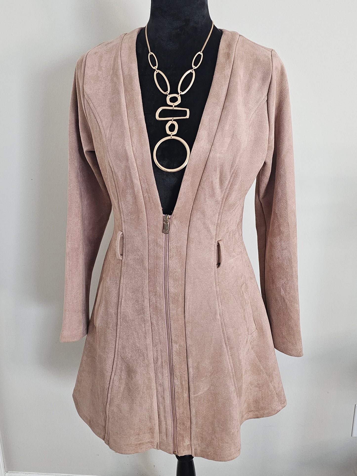 AKIRA Taupe Faux Suede Zip-Front Fit & Flare Jacket Dress | Size Medium