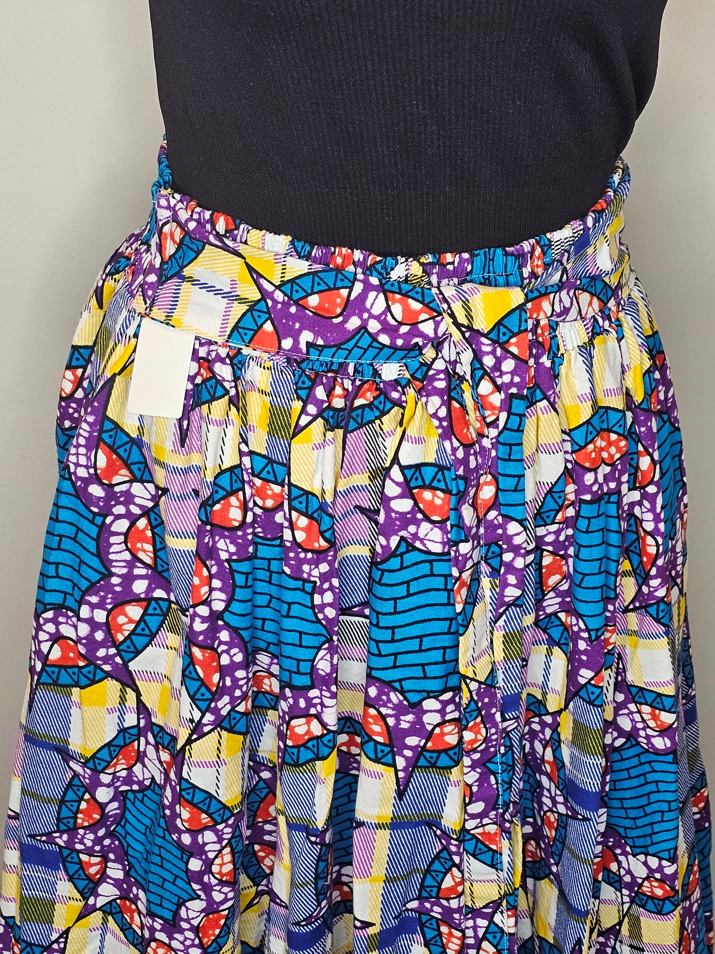 African Ankara Maxi Skirt | Multicolor Elastic Waist Statement Skirt | Size Large