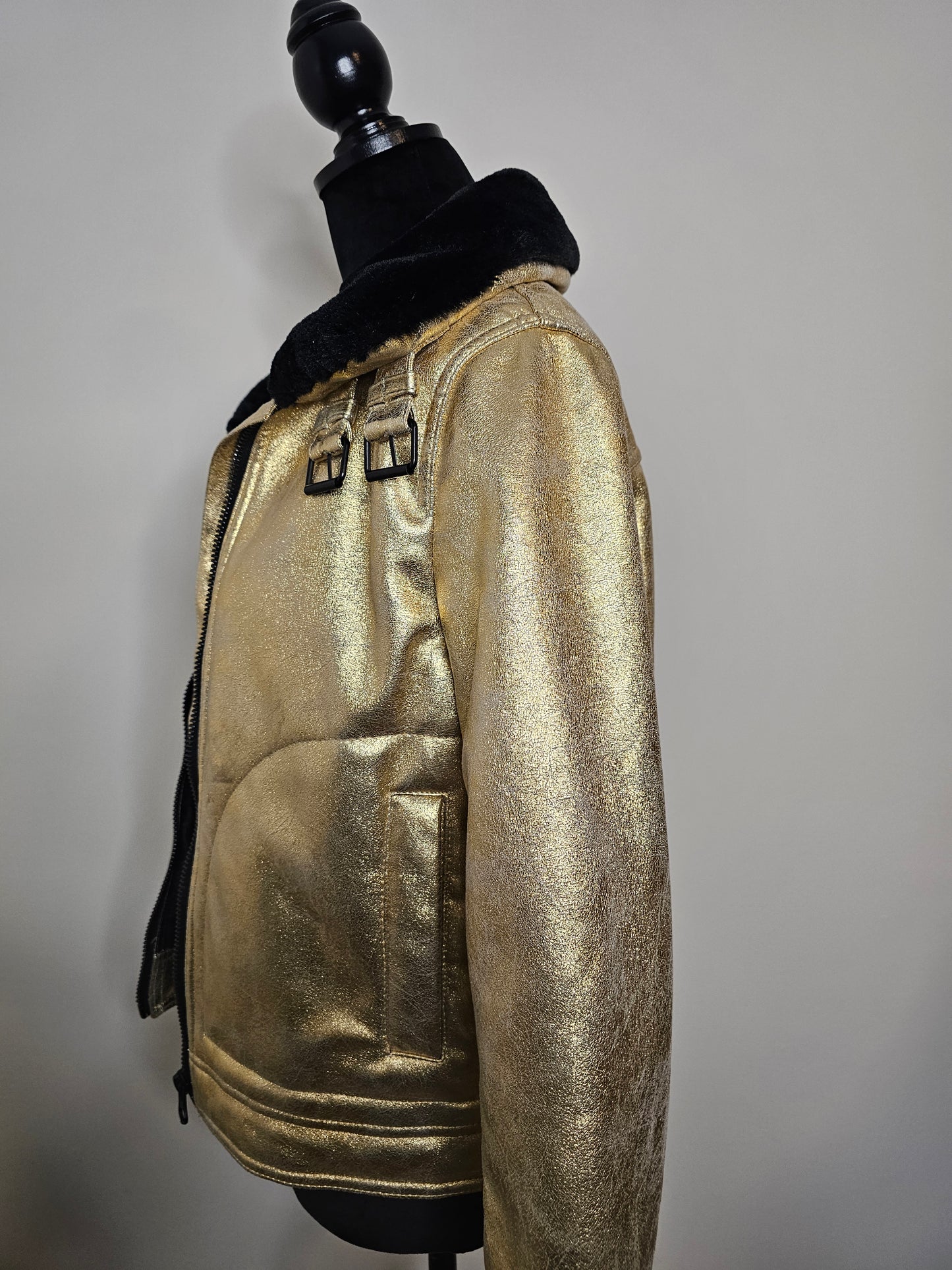 DIVIDED H&M Gold Faux Leather Moto Jacket Black Faux Fur Collar |Size 8 Medium