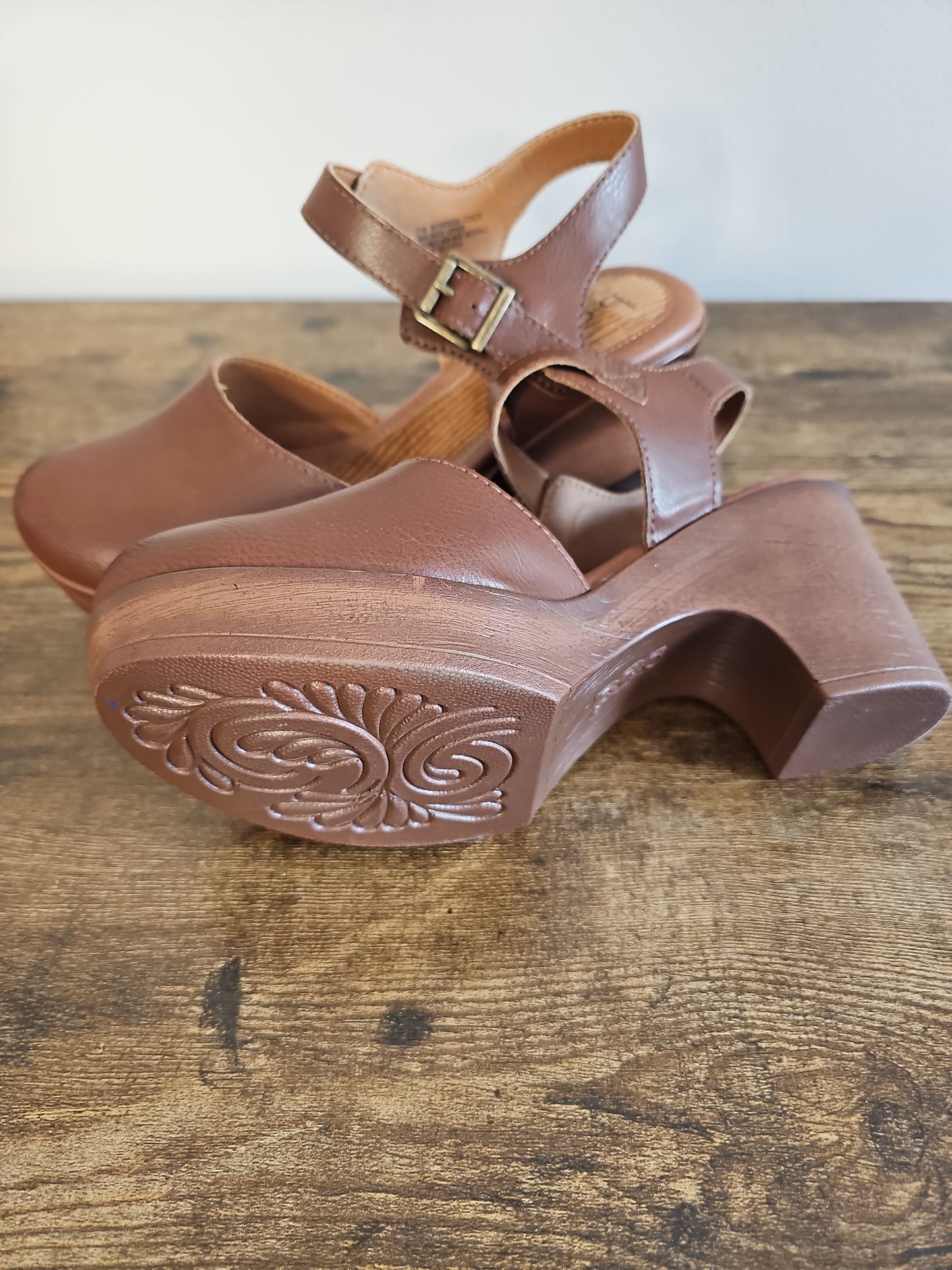 BOC Natasha Brown Leather Ankle-Strap Clog Heels | Size 7