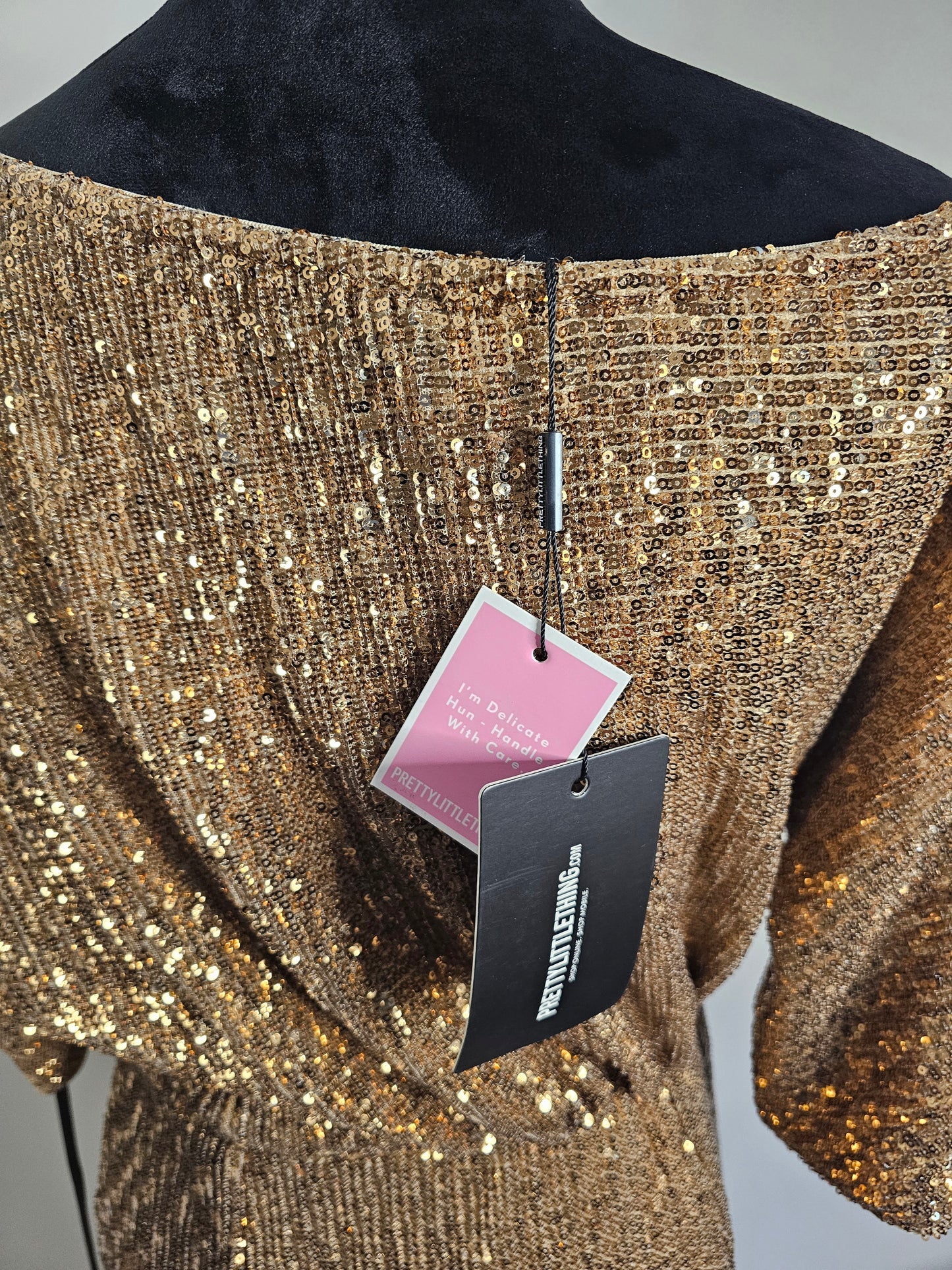 PrettyLittleThing Gold Sequin Midi Dress  Asymmetrical Hem Draped Evening NWT| Size 6 Small