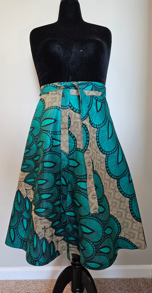 Authentic Ankara Wrap Skirt – Teal & Neutral African Wax Cotton |Fits Size Small to XXLarge