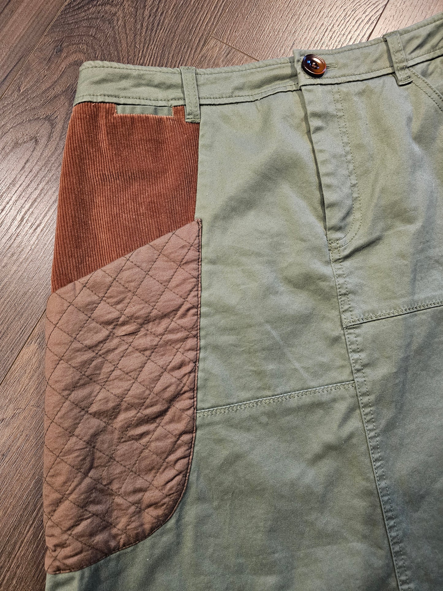 Meadow Rue Patchwork Mini Skirt | Olive Corduroy Quilted Detail Size 8 Medium